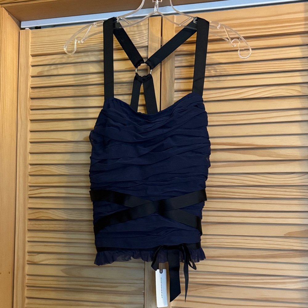 Anthropologie Navy Ruffled Bustier Top with Black Straps